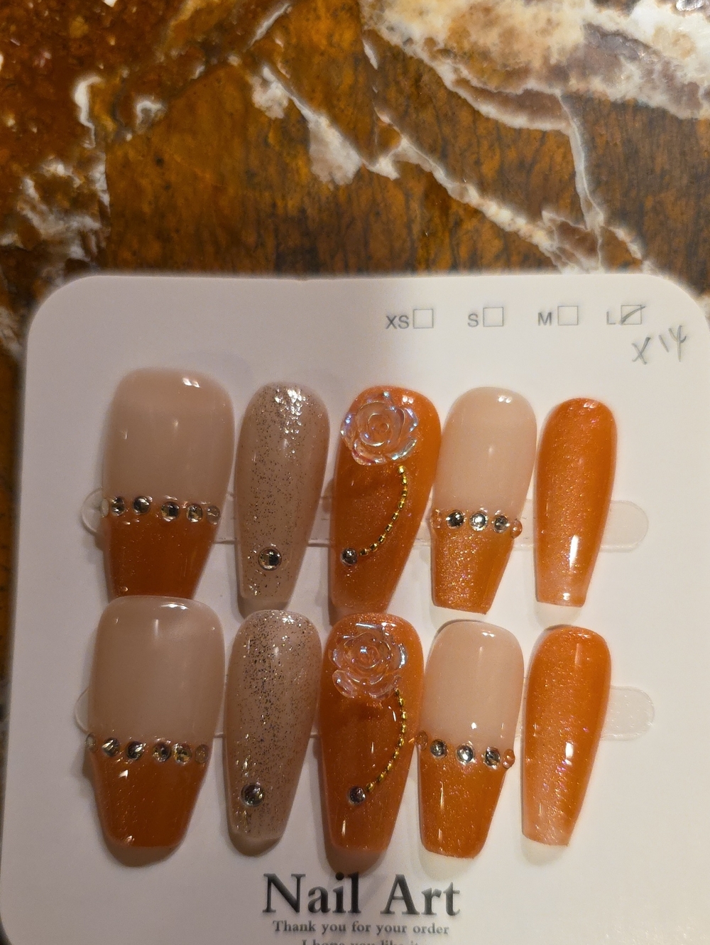 N Orange Press-On Nails with Rhinestones Size Large